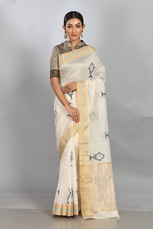 Off white cotton silk sari with mirror motif
