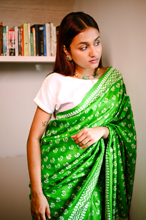 Dark Green printed silk handwoven sari