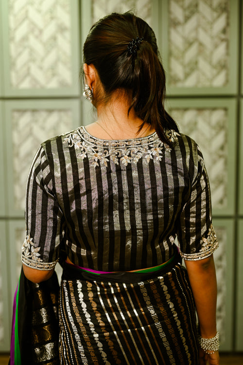 Elegantly Draped Black and silver hand-woven striped embroidered blouse 
