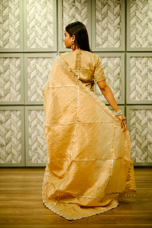 Gold Silk Tissue Sari With Gota Patti For Diwali