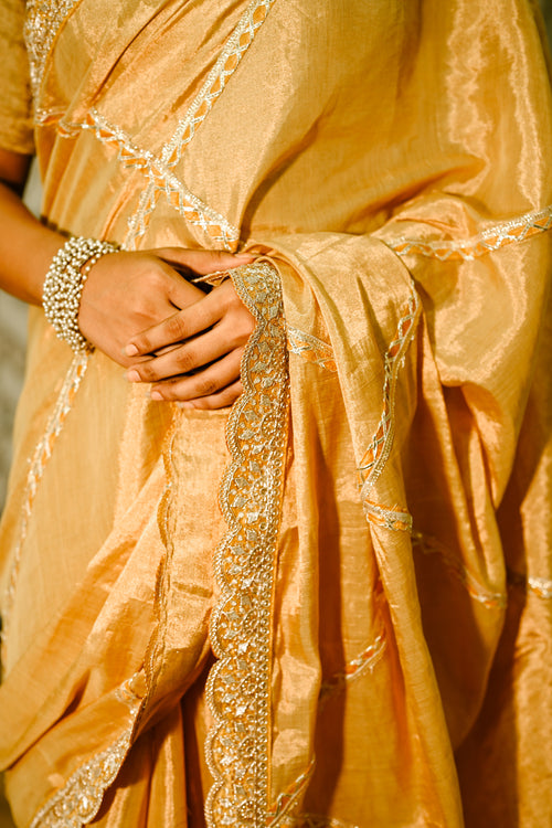 Gold Silk Tissue Sari With Gota Patti and intricate design