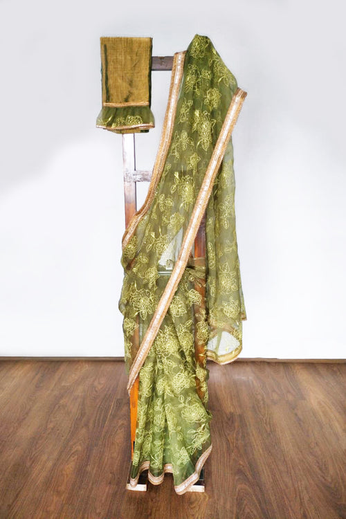 Green Organza Flowy Sari