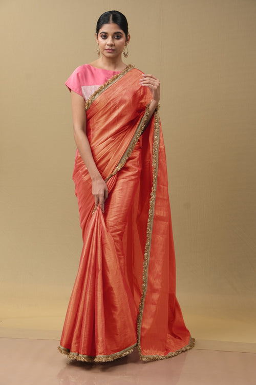 Orange Tissue Silk Sari With Fuljhuri Border