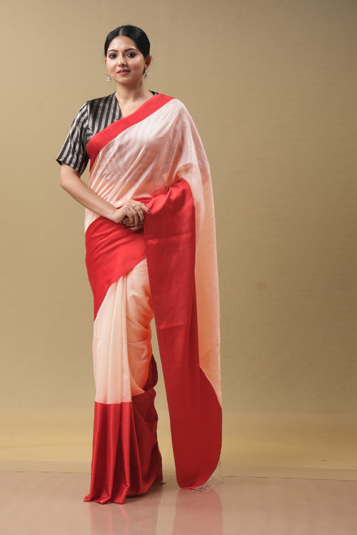 Red mushru border peach saree