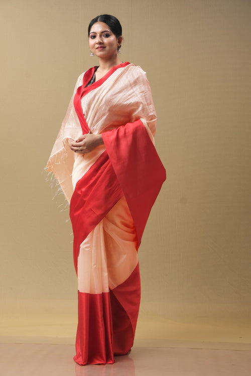 Red mushru border peach saree