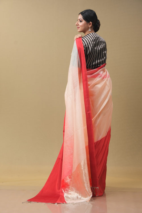 Red mushru border peach saree