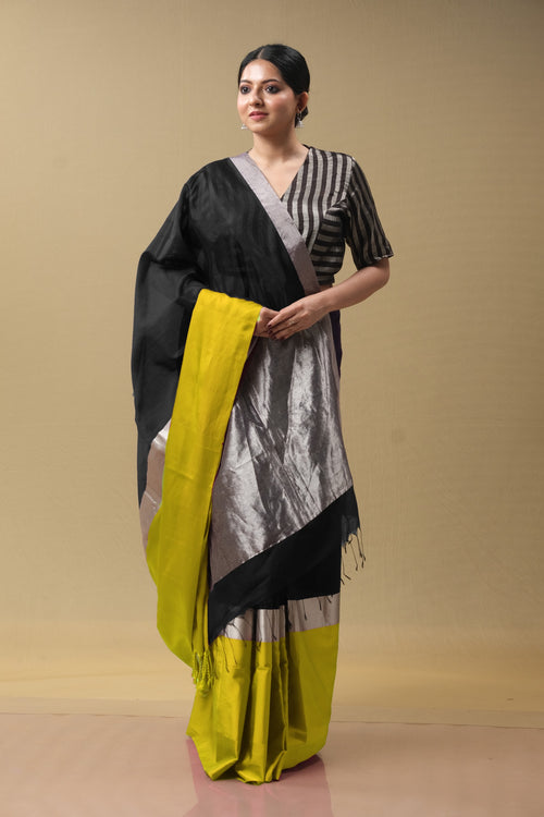 Mushru border black yellow party sari with stripe blouse piece