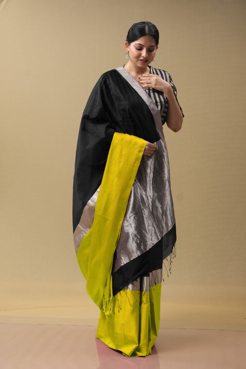 Mushru border black yellow party sari with stripe blouse piece