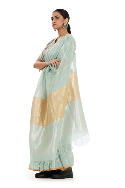 Aqua blue cotton silk saree