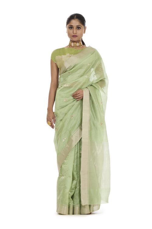 Lovebirds on soft green silk saree