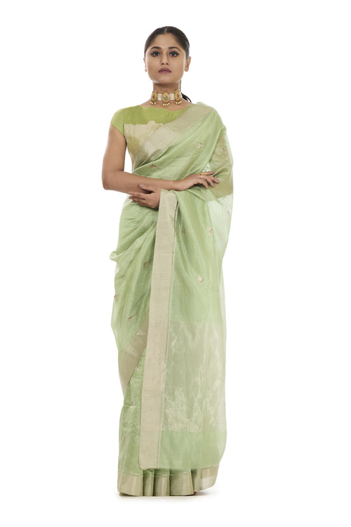 Lovebirds on soft green silk saree