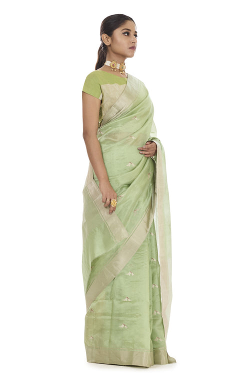 Sea green lovebirds motif silk saree