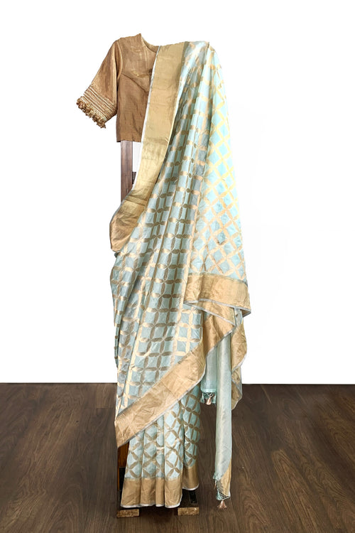 Sea green silk saree with intricate jaal