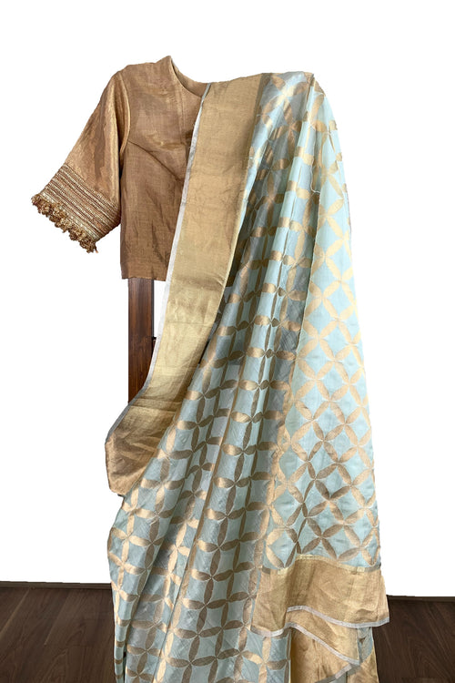 Sea green silk saree with intricate jaal