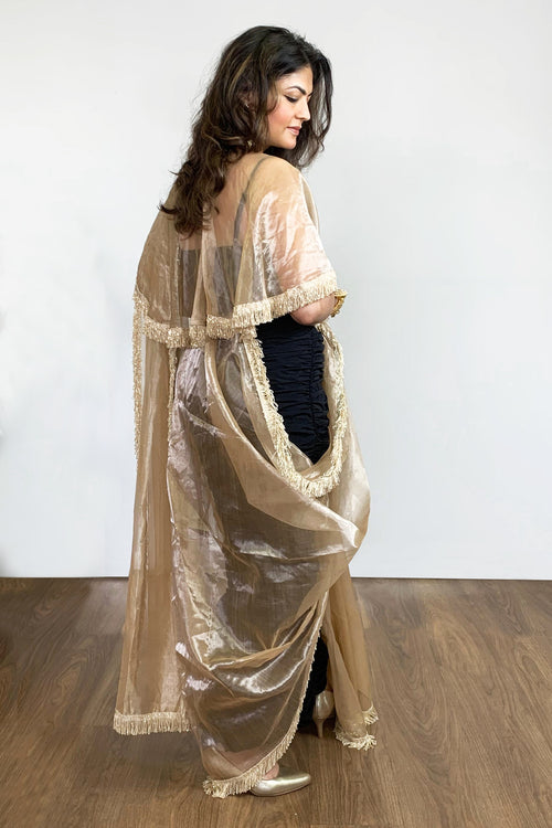 Golden handloom tissue sari style with tissue cape 
