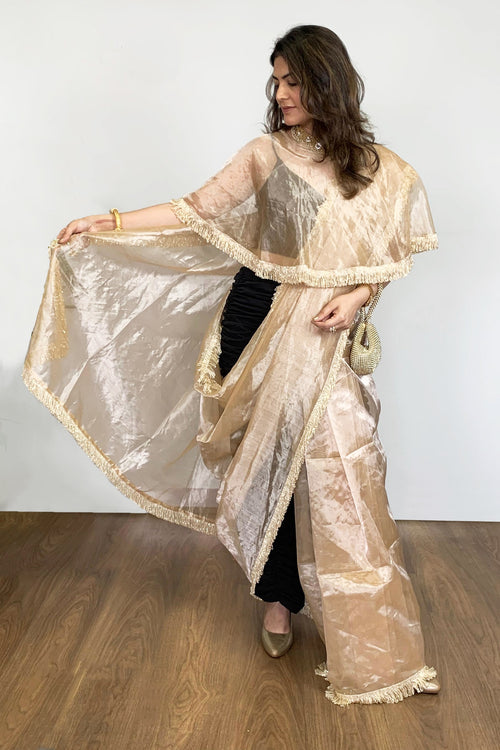 Golden handloom tissue sari style with tissue cape 