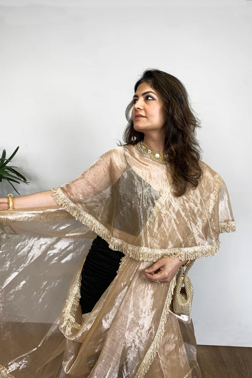 Golden handloom tissue sari style with tissue cape 