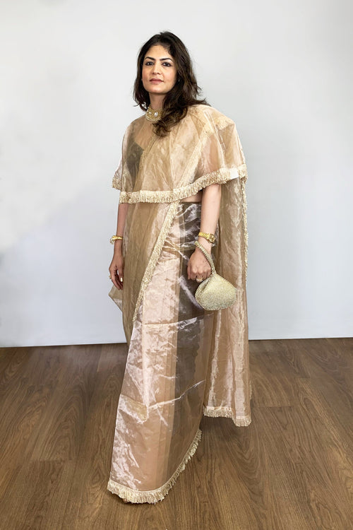 Golden handloom tissue sari style with tissue cape 
