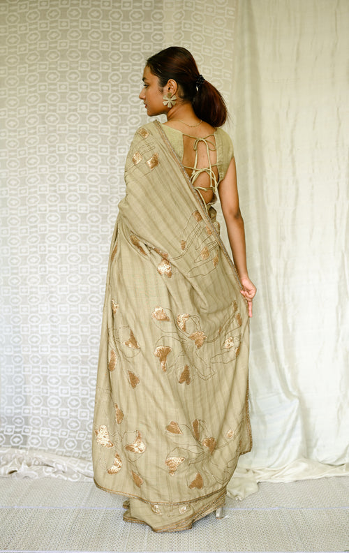 Olive organic cotton sari with applique design