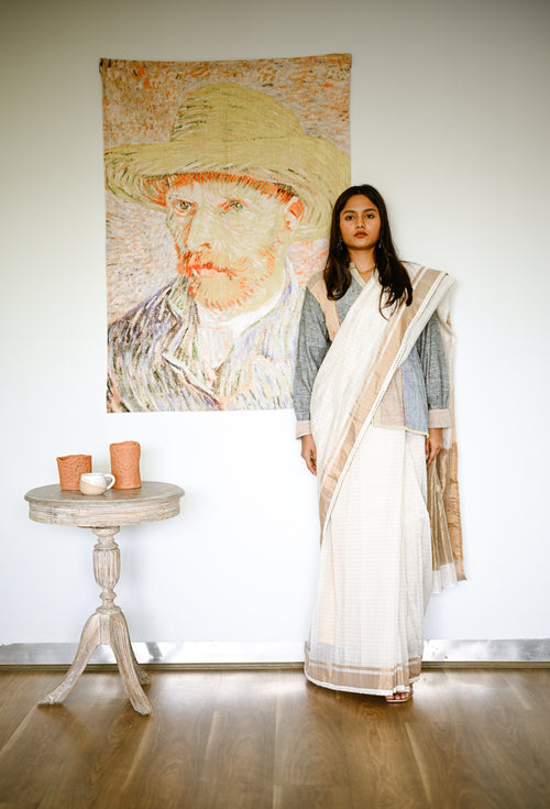 White checkered handwoven cotton silk sari
