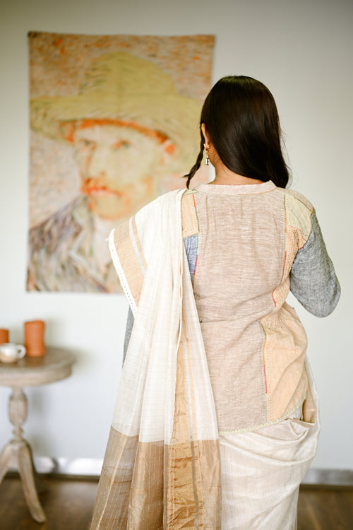 White checkered handwoven cotton silk sari