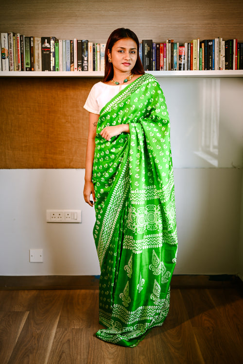 Green printed silk handwoven sari