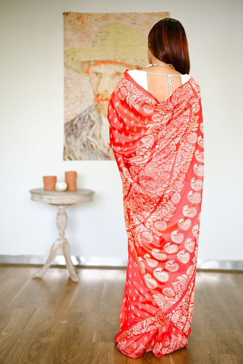 Printed Red silk handwoven sari
