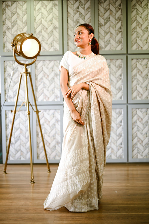 Grey printed silk sari