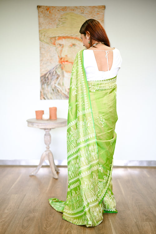 Green printed silk handwoven sari