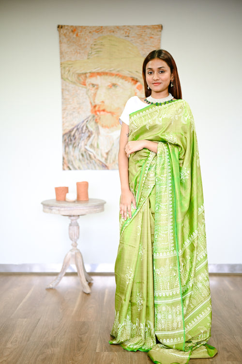 Green printed silk handwoven sari
