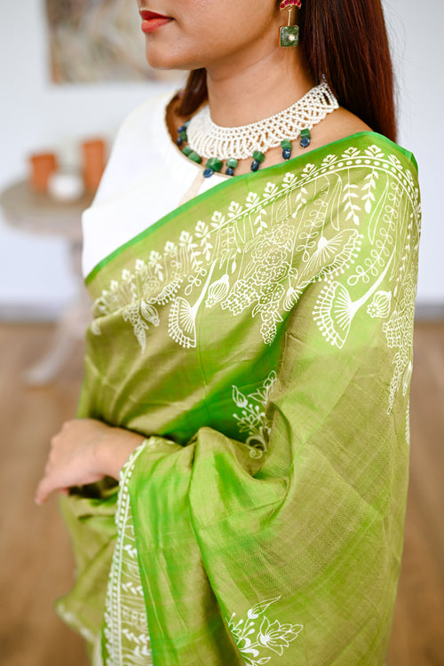 Green printed silk handwoven sari