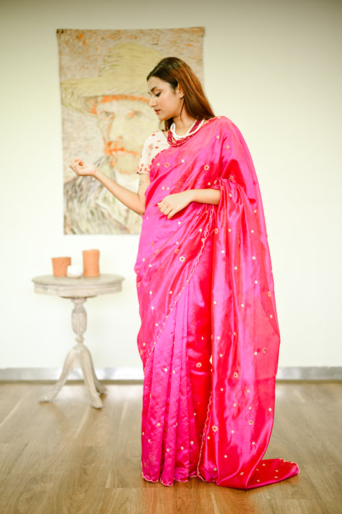Fuschia handwoven silk mixed hand embroidery sari