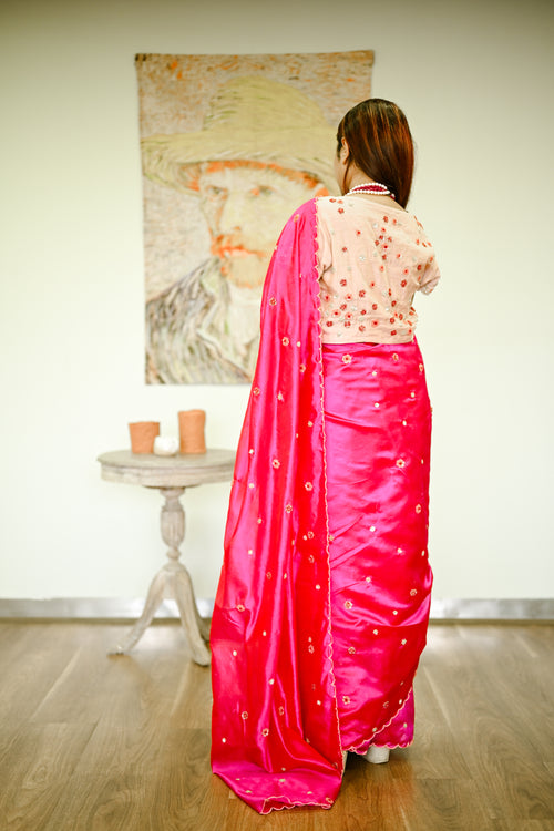 Fuschia handwoven silk mixed hand embroidery sari