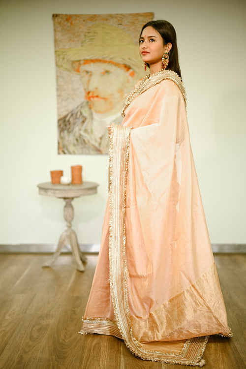 Cotton tissue pink sari with gold border