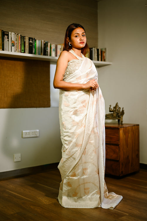 Off-white Silk handwoven rabbit sari