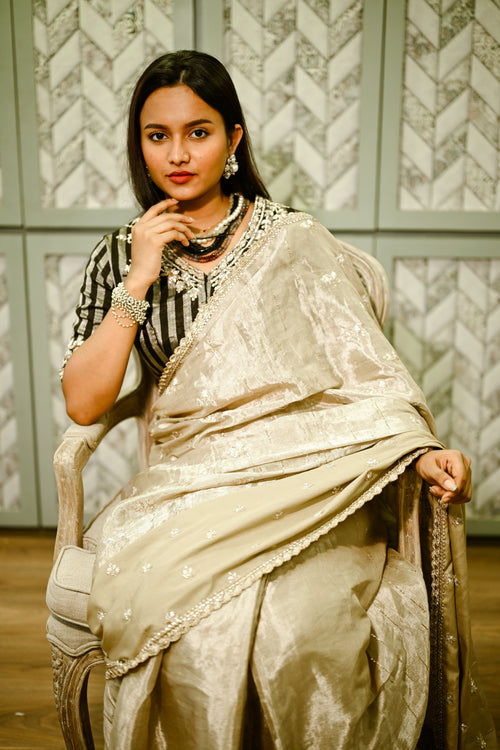 Alia - Tissue handwoven sari with hand embroidery