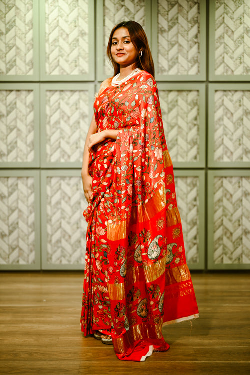 Red kalamkari sari