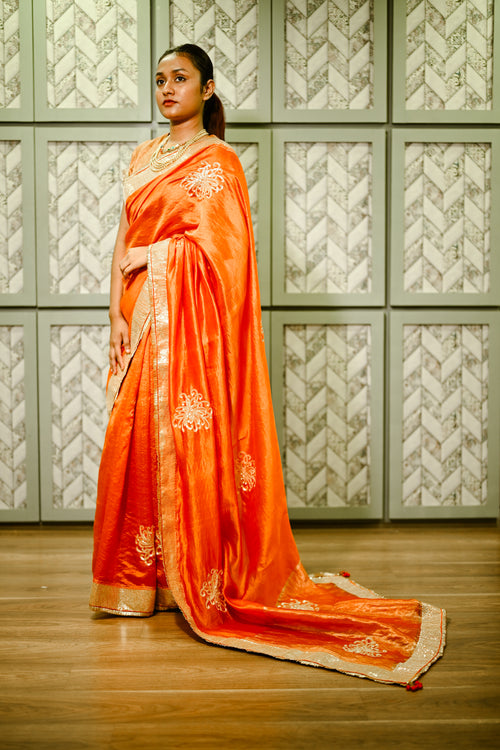 Orange silk sari with vintage hand-done sequin embroidery