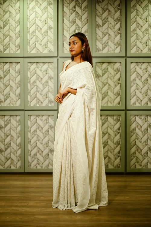Off-white cotton silk handwoven sari