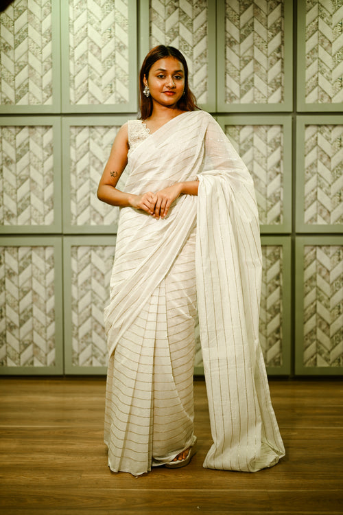 Off-white cotton silk handwoven sari