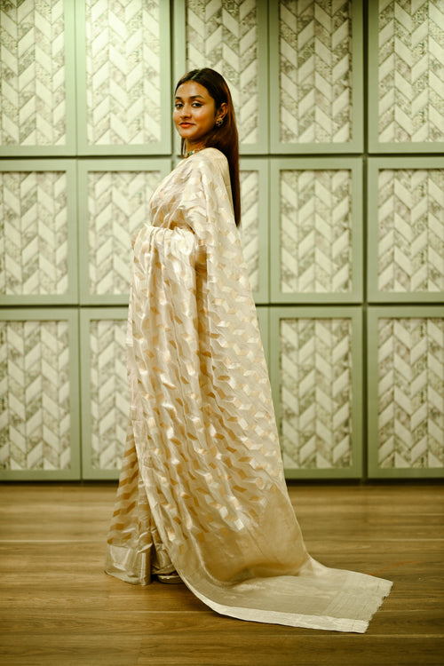 Beige domino silk sari