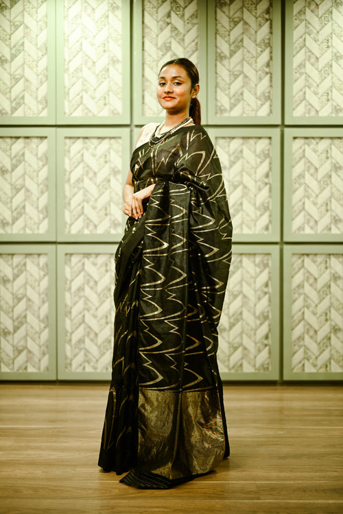 Black silk handwoven sari
