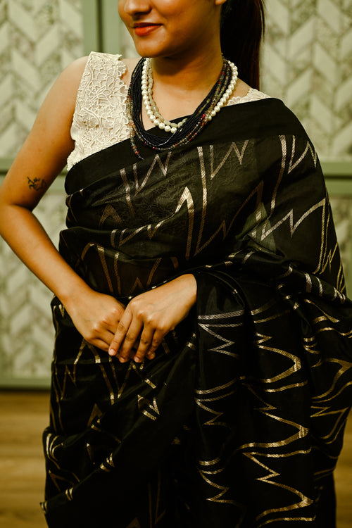 Black silk handwoven sari