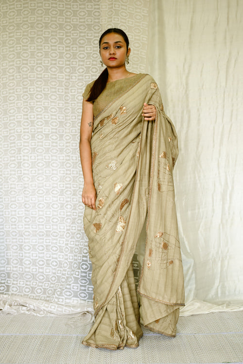 Olive organic cotton sari with applique design
