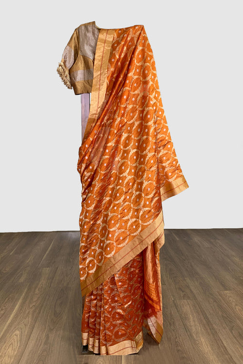 Orange Mughal motif Silk Sari