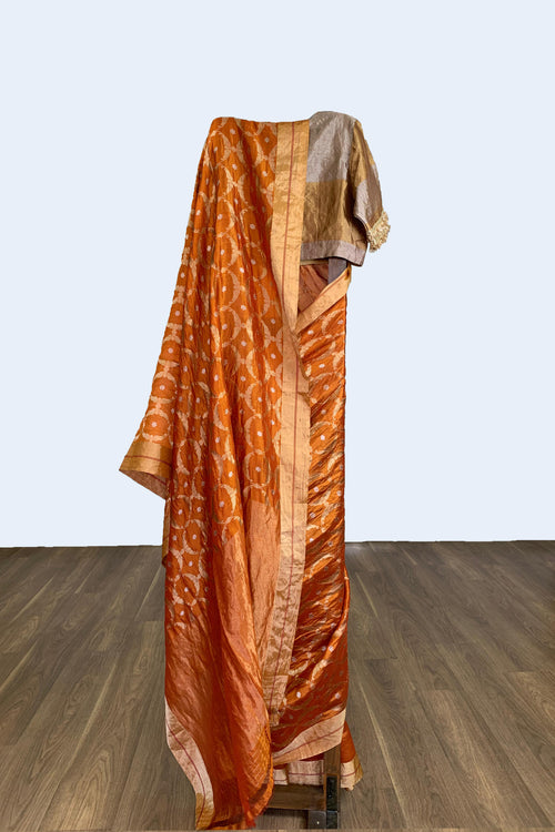 Orange Mughal motif Silk Sari