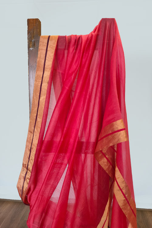 Red Cotton Silk Sari with organza pallu