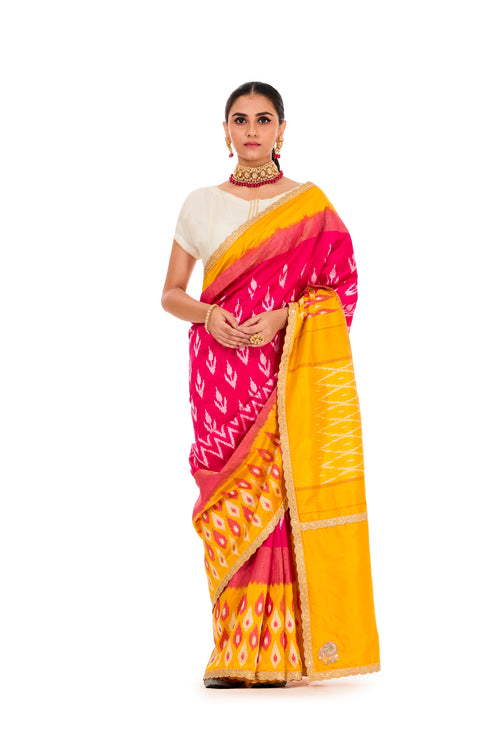 Pink and yellow ikat saree