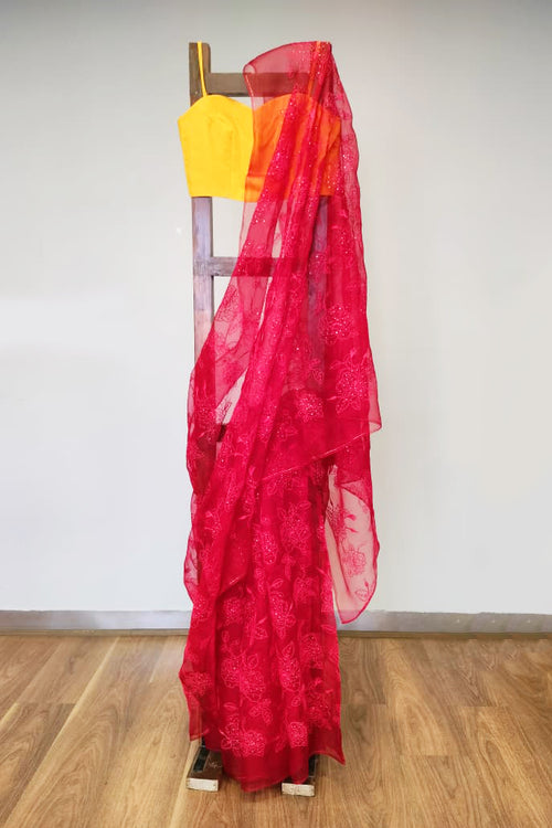 Red Organza Flowy Sari