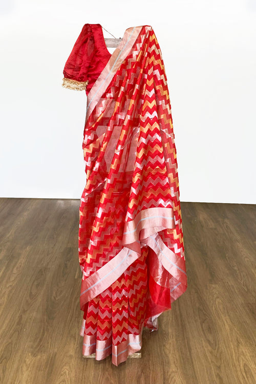 Red silk sari with chevron design